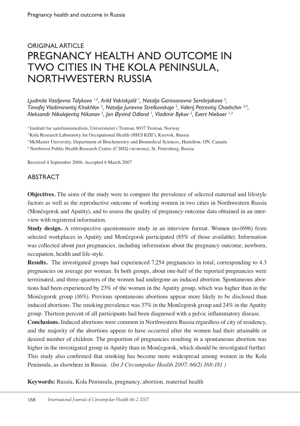 Pregnancy Health and Outcome in Two Cities in the Kola Peninsula, Northwestern Russia