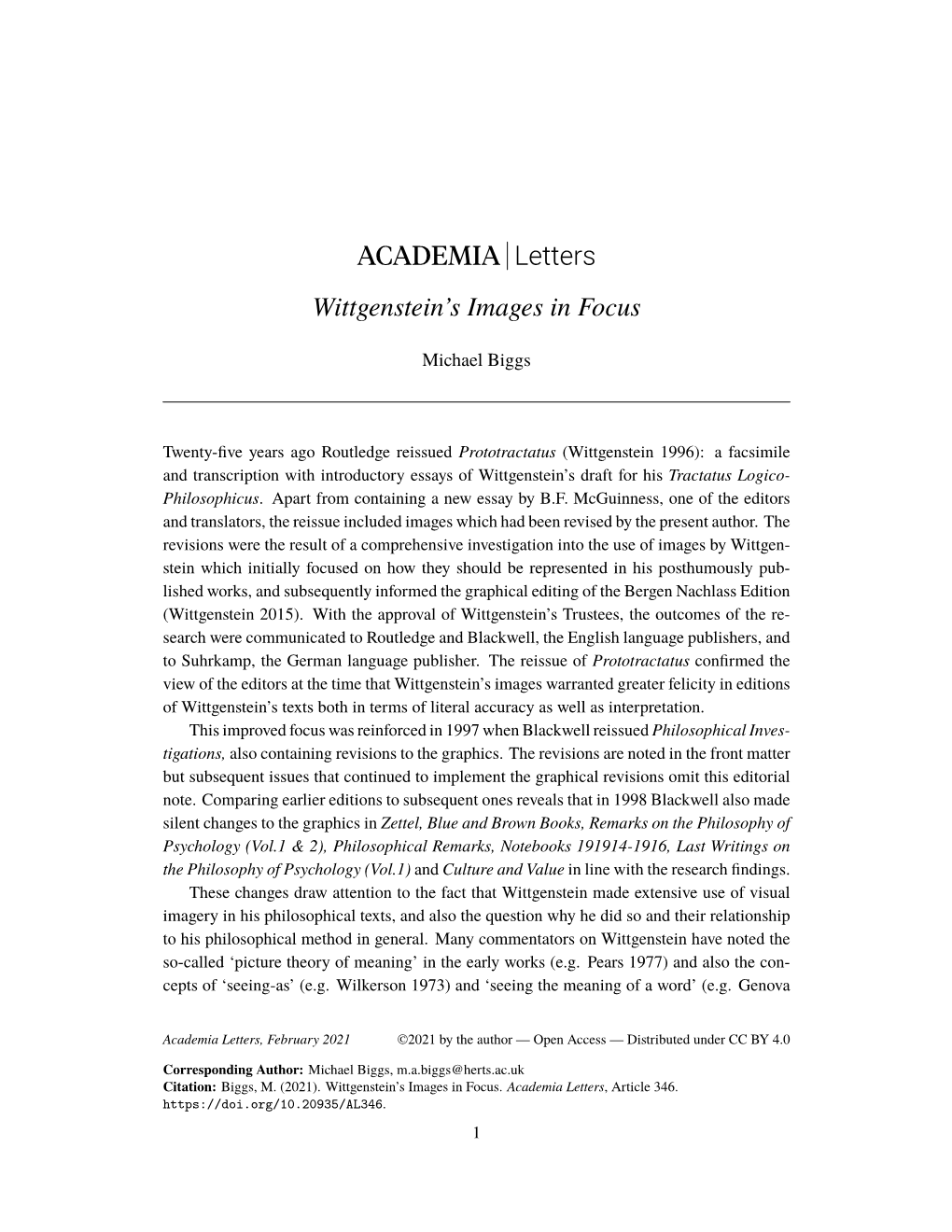 ACADEMIA Letters Wittgenstein's Images in Focus