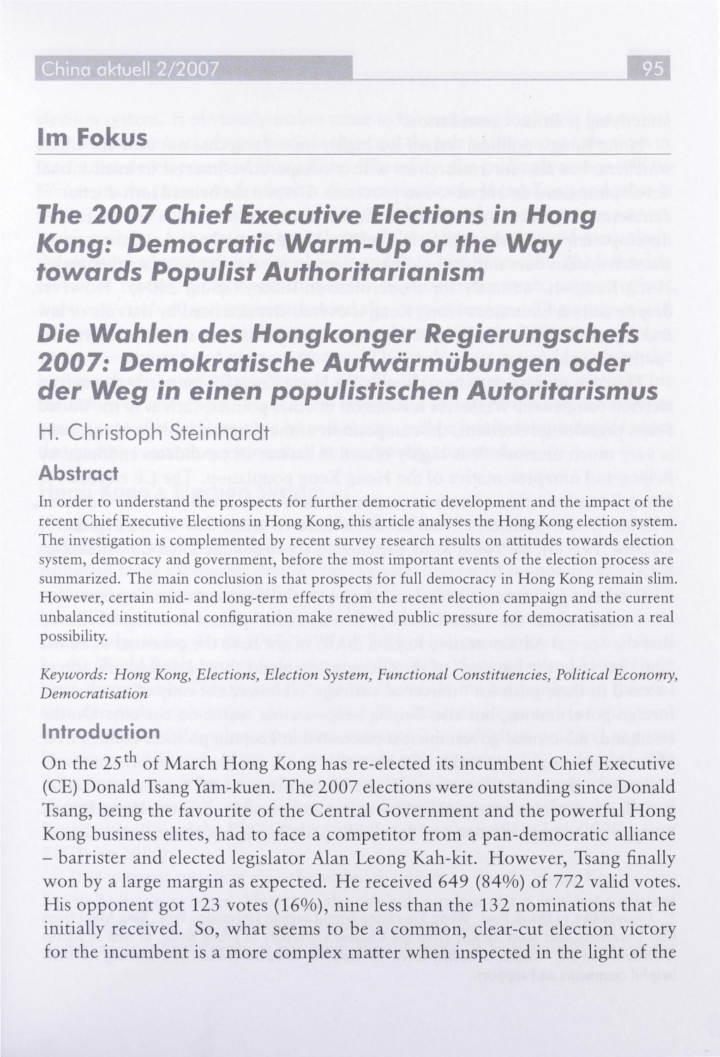 The 2007 Chief Executive Elections in Hong Towards Populist