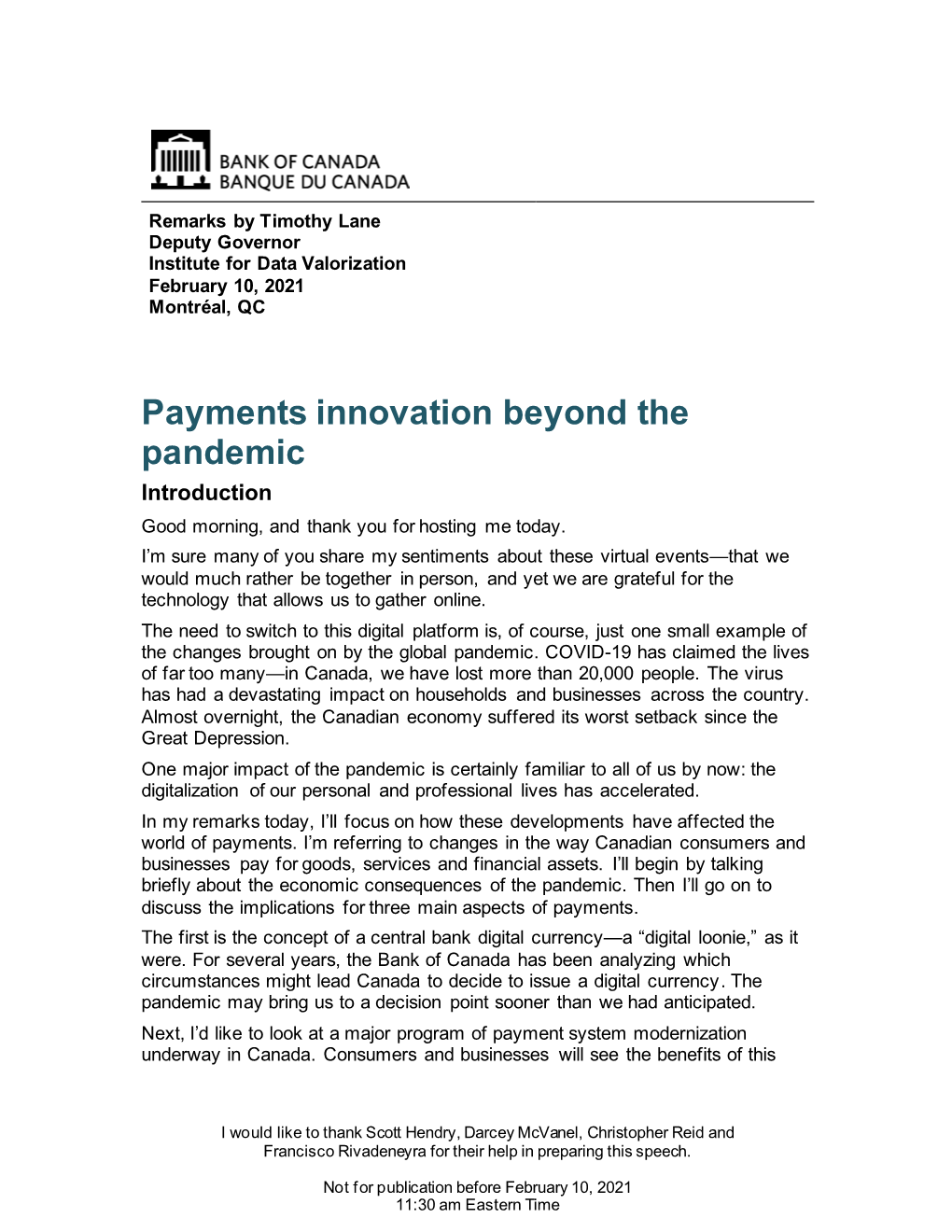 Timothy Lane: Payments Innovation Beyond the Pandemic