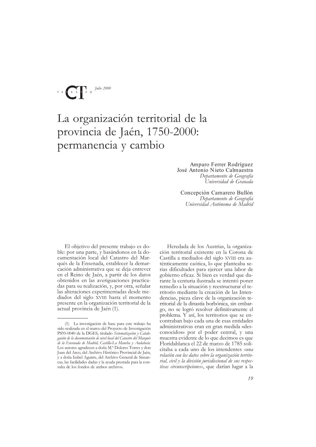 La Organización Territorial De La Provincia De Jaén, 1750-2000: Permanencia Y Cambio