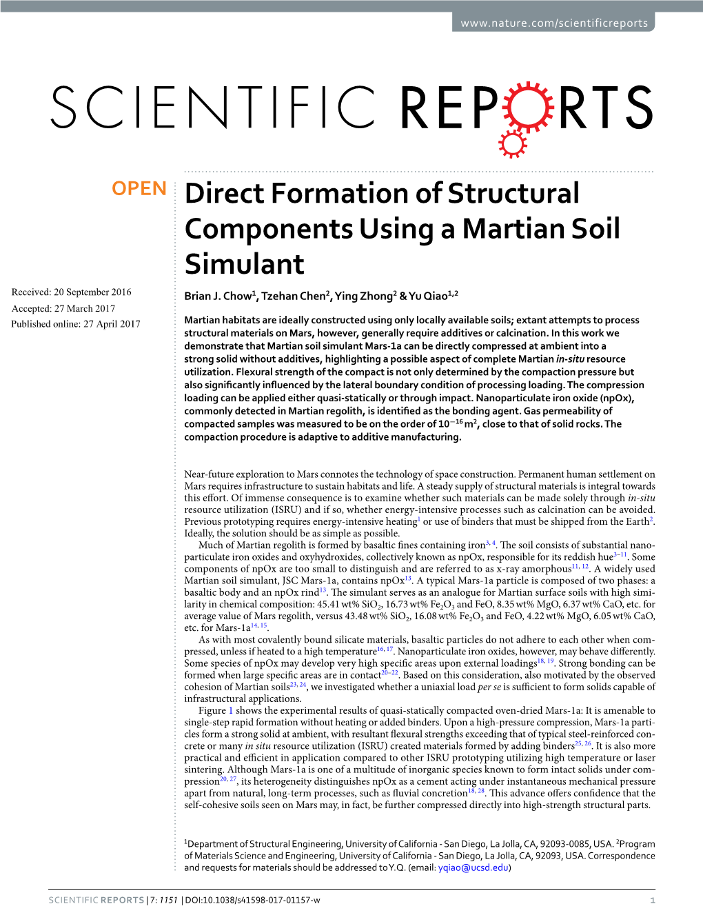 Direct Formation of Structural Components Using a Martian Soil Simulant Received: 20 September 2016 Brian J