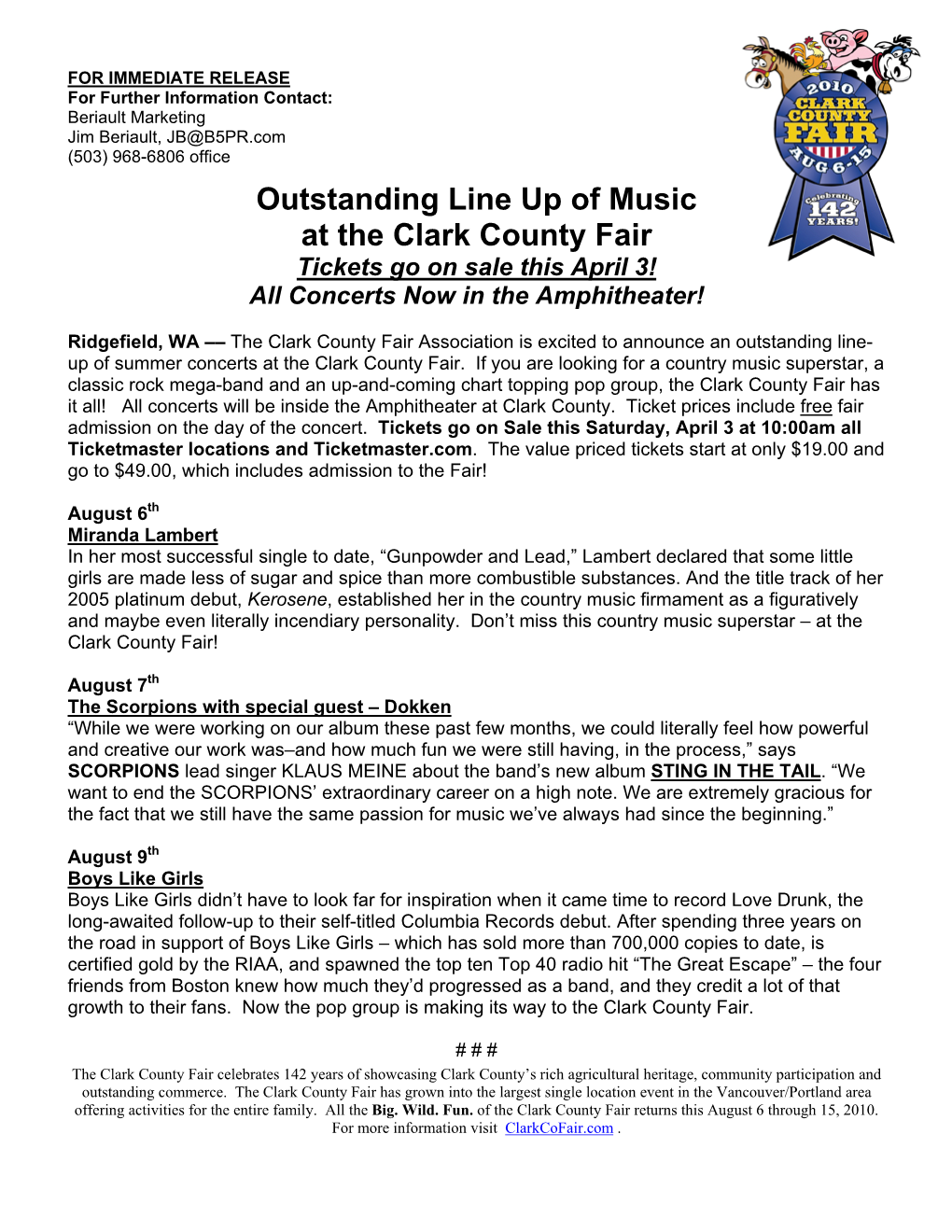 Outstanding Line up of Music at the Clark County Fair Tickets Go on Sale This April 3! All Concerts Now in the Amphitheater!