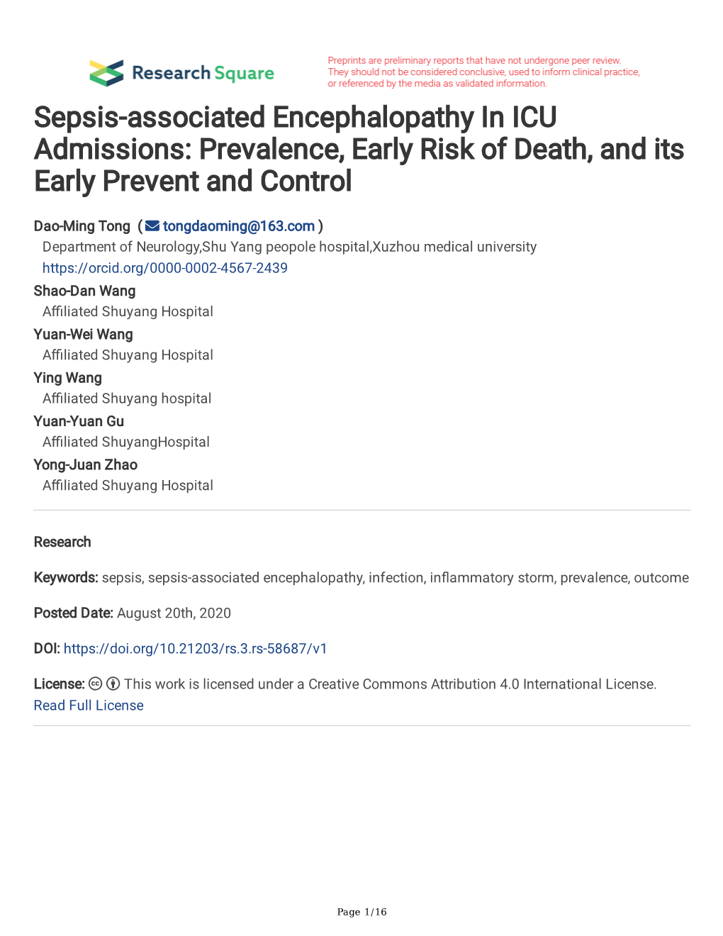 Sepsis-Associated Encephalopathy in ICU Admissions: Prevalence, Early Risk of Death, and Its Early Prevent and Control