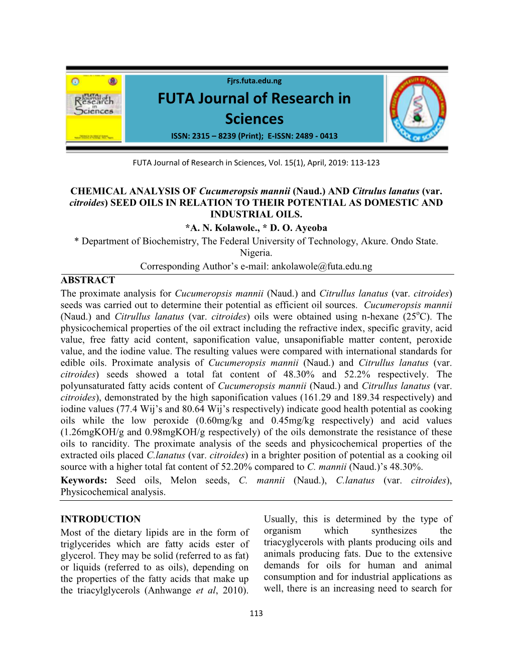 FUTA Journal of Research in Sciences, Vol