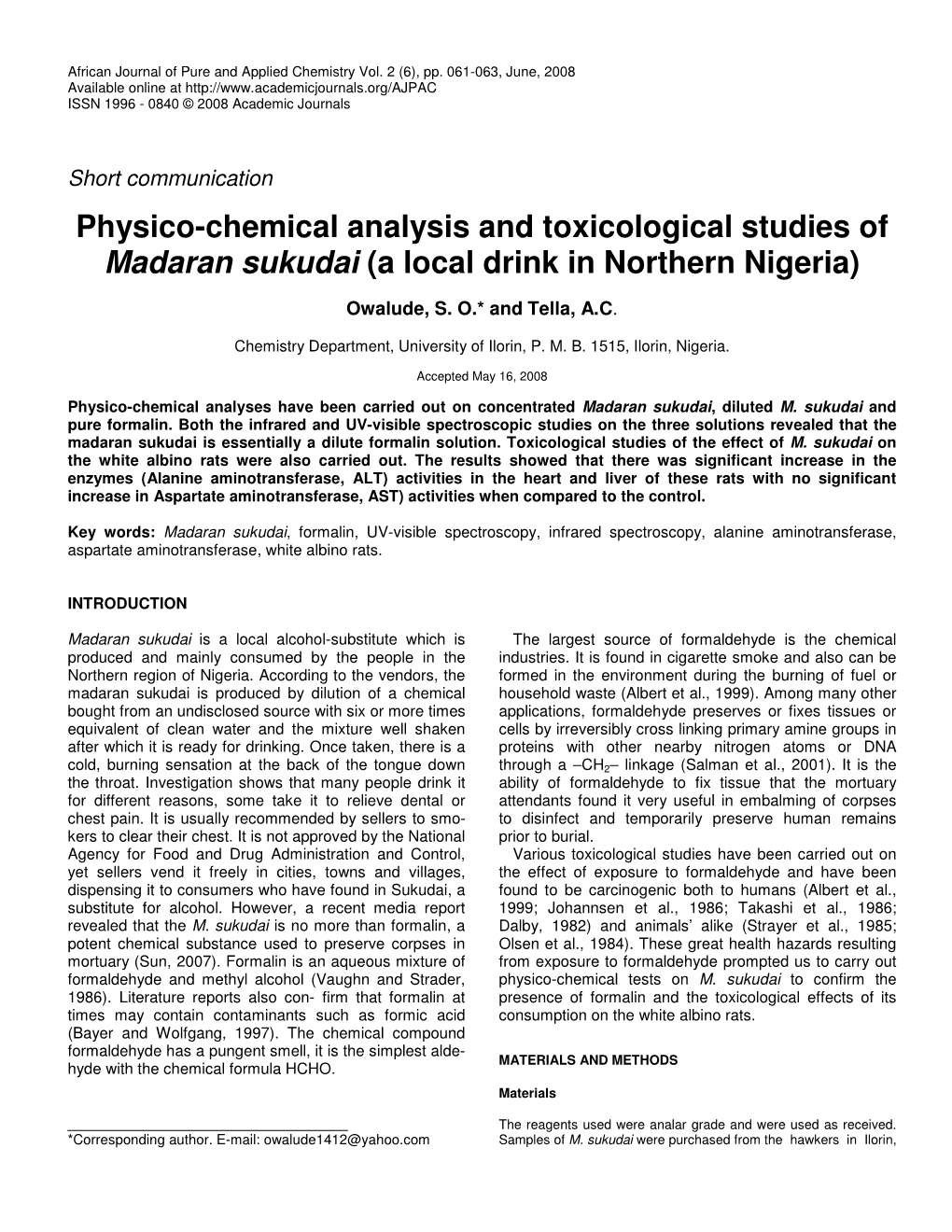 Physico-Chemical Analysis and Toxicological Studies of Madaran Sukudai (A Local Drink in Northern Nigeria)
