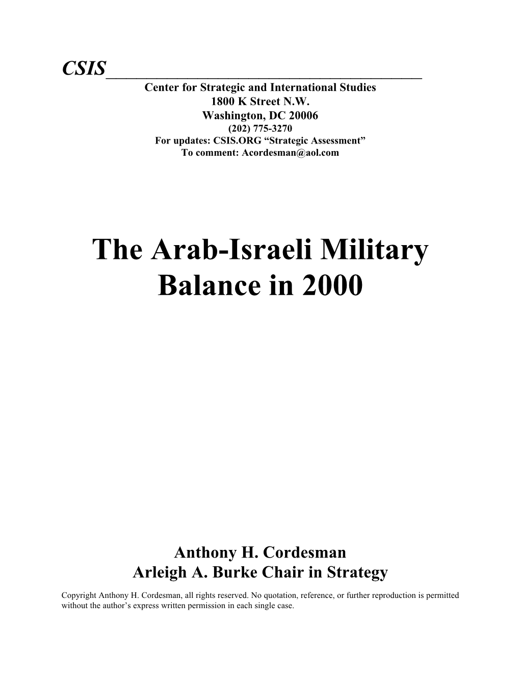 The Arab-Israeli Military Balance in 2000