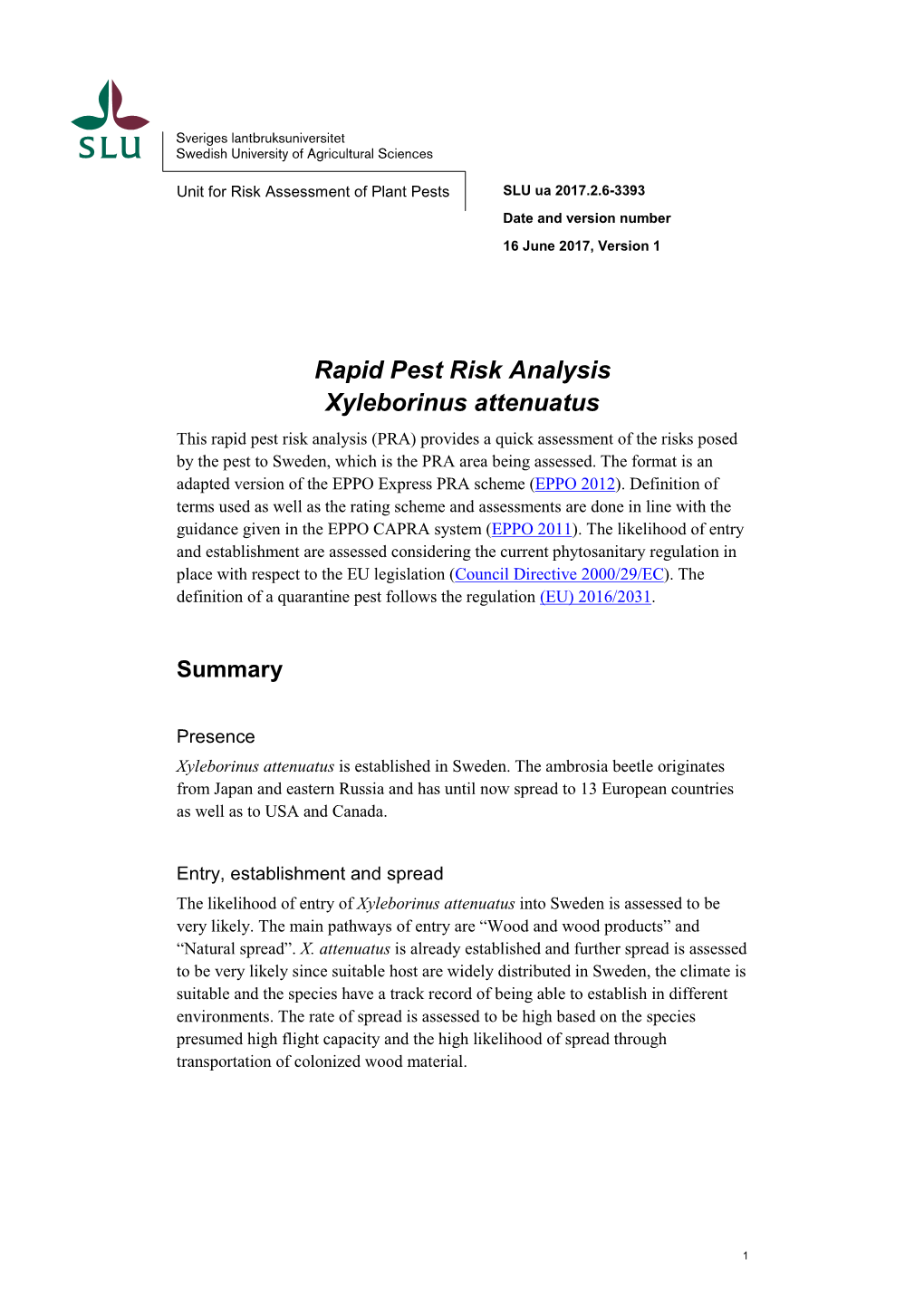 Rapid Pest Risk Analysis Xyleborinus Attenuatus