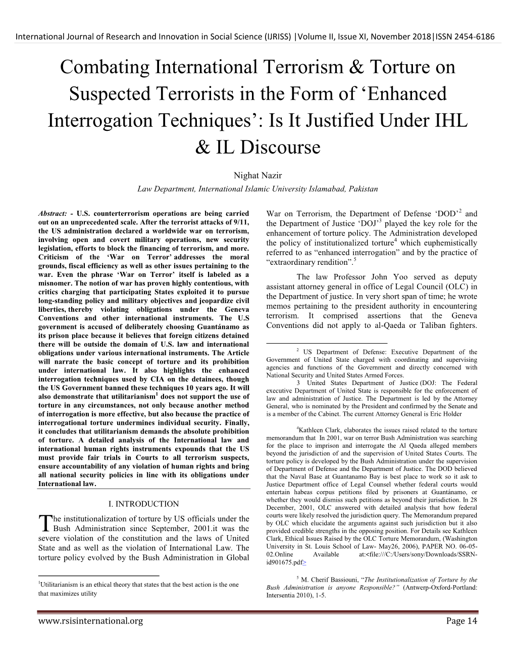 Enhanced Interrogation Techniques‟: Is It Justified Under IHL & IL Discourse