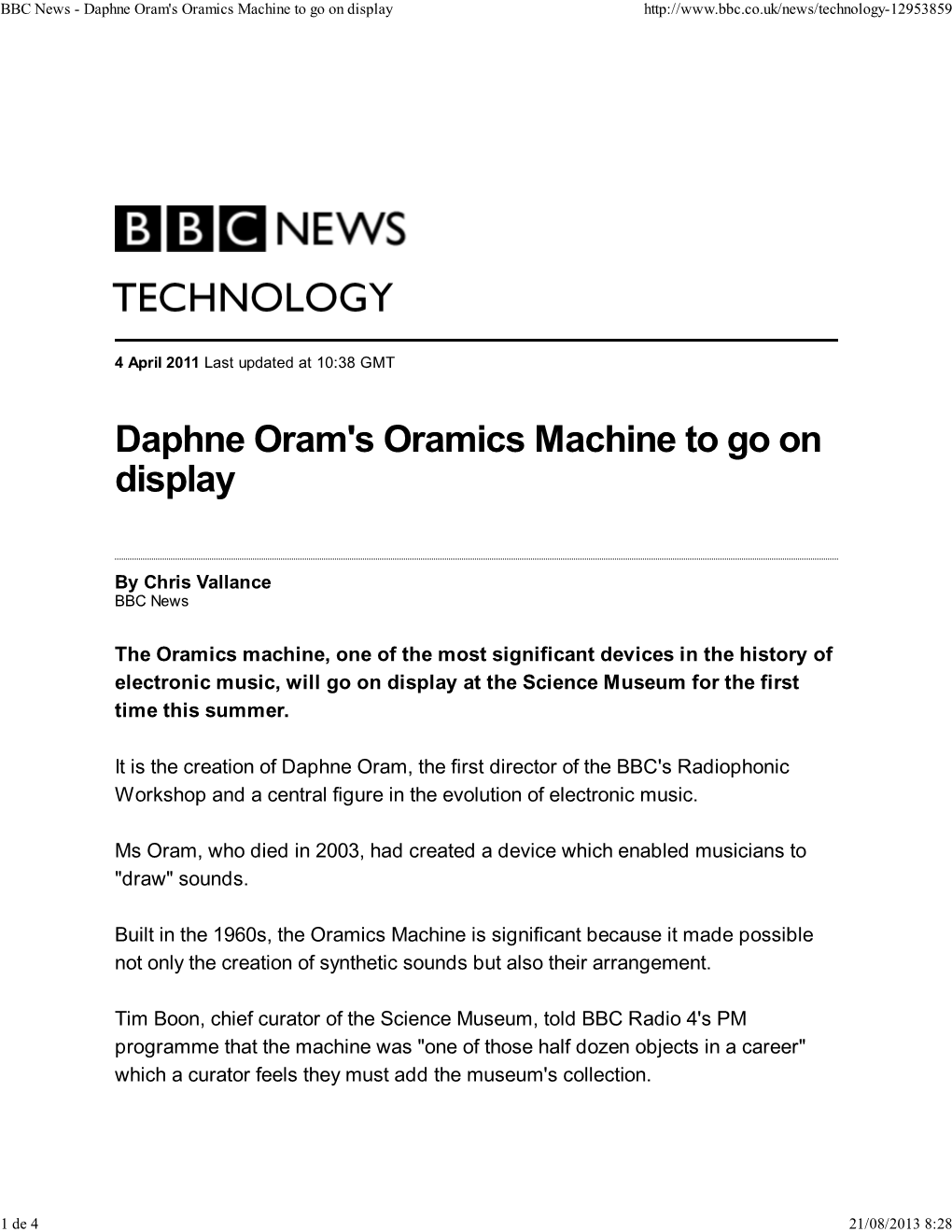 BBC News - Daphne Oram's Oramics Machine to Go on Display