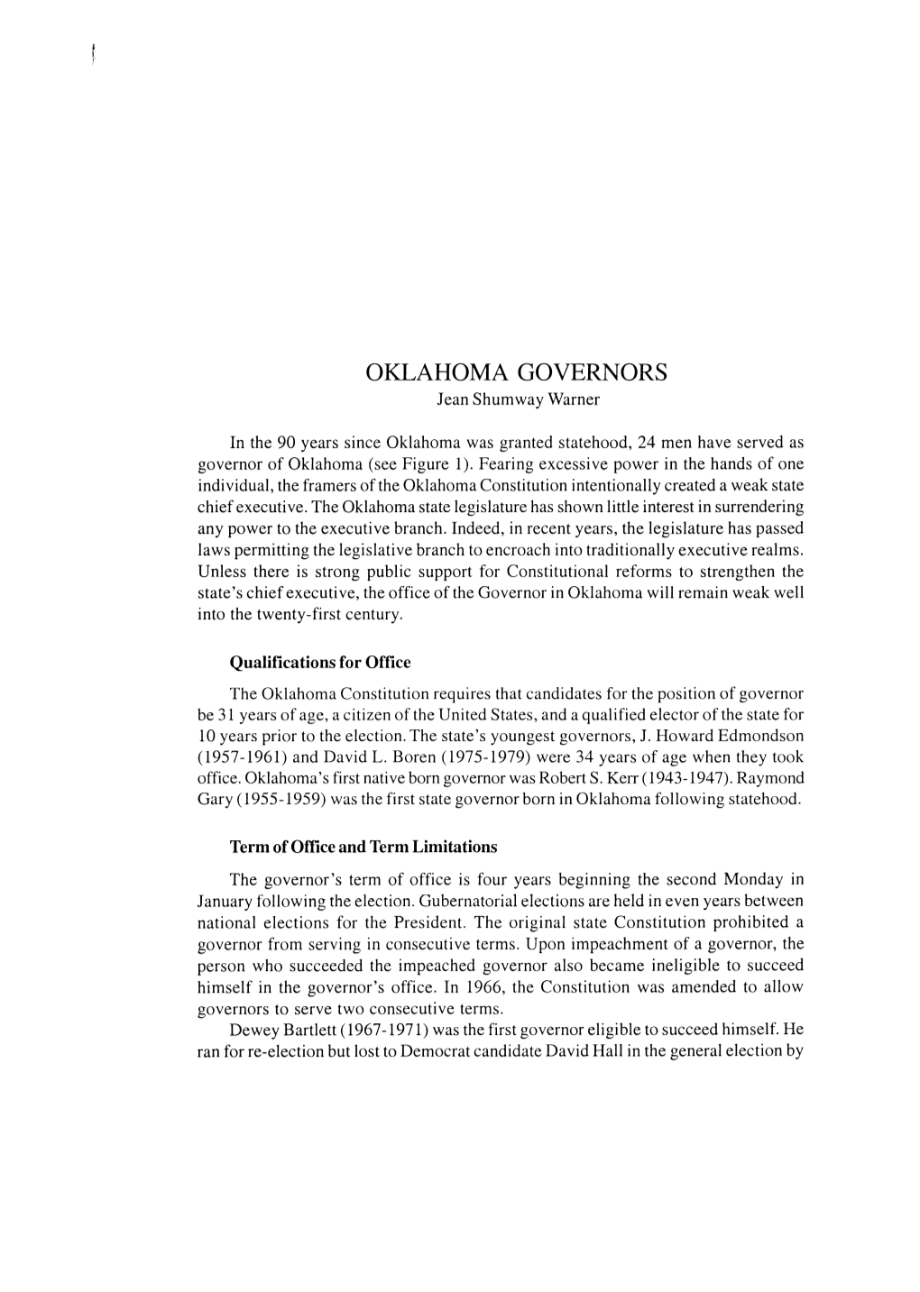 OKLAHOMA GOVERNORS Jean Shumway Warner