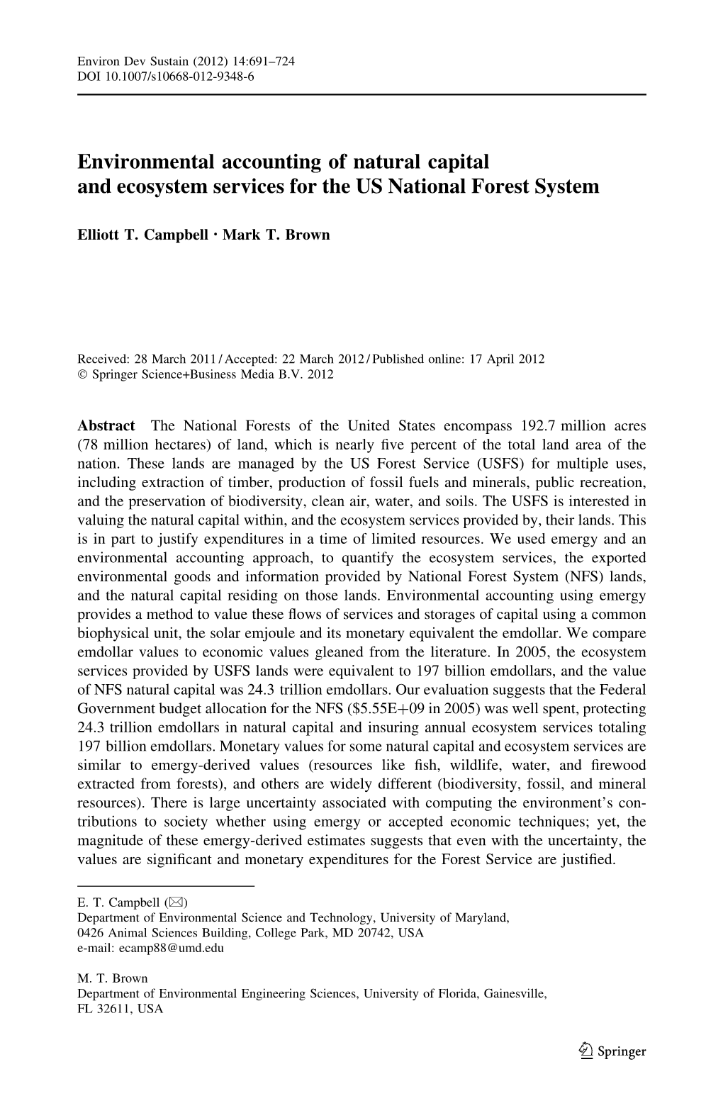 Environmental Accounting of Natural Capital and Ecosystem Services for the US National Forest System