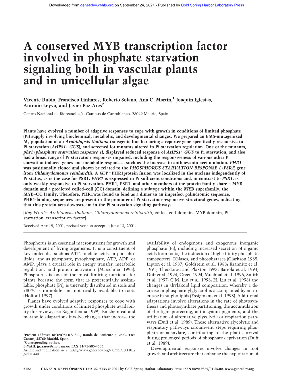 A Conserved MYB Transcription Factor Involved in Phosphate Starvation Signaling Both in Vascular Plants and in Unicellular Algae