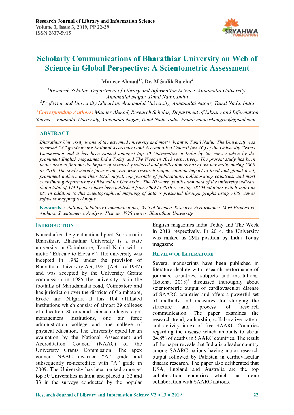 Scholarly Communications of Bharathiar University on Web of Science in Global Perspective: a Scientometric Assessment