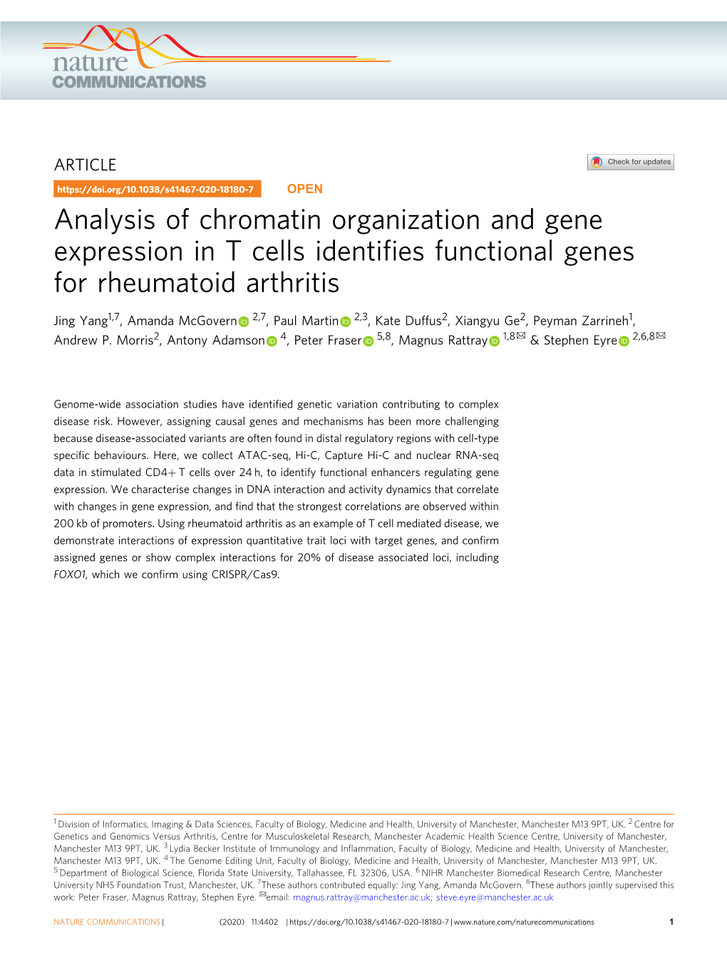 Analysis of Chromatin Organization and Gene Expression in T Cells Identiﬁes Functional Genes for Rheumatoid Arthritis