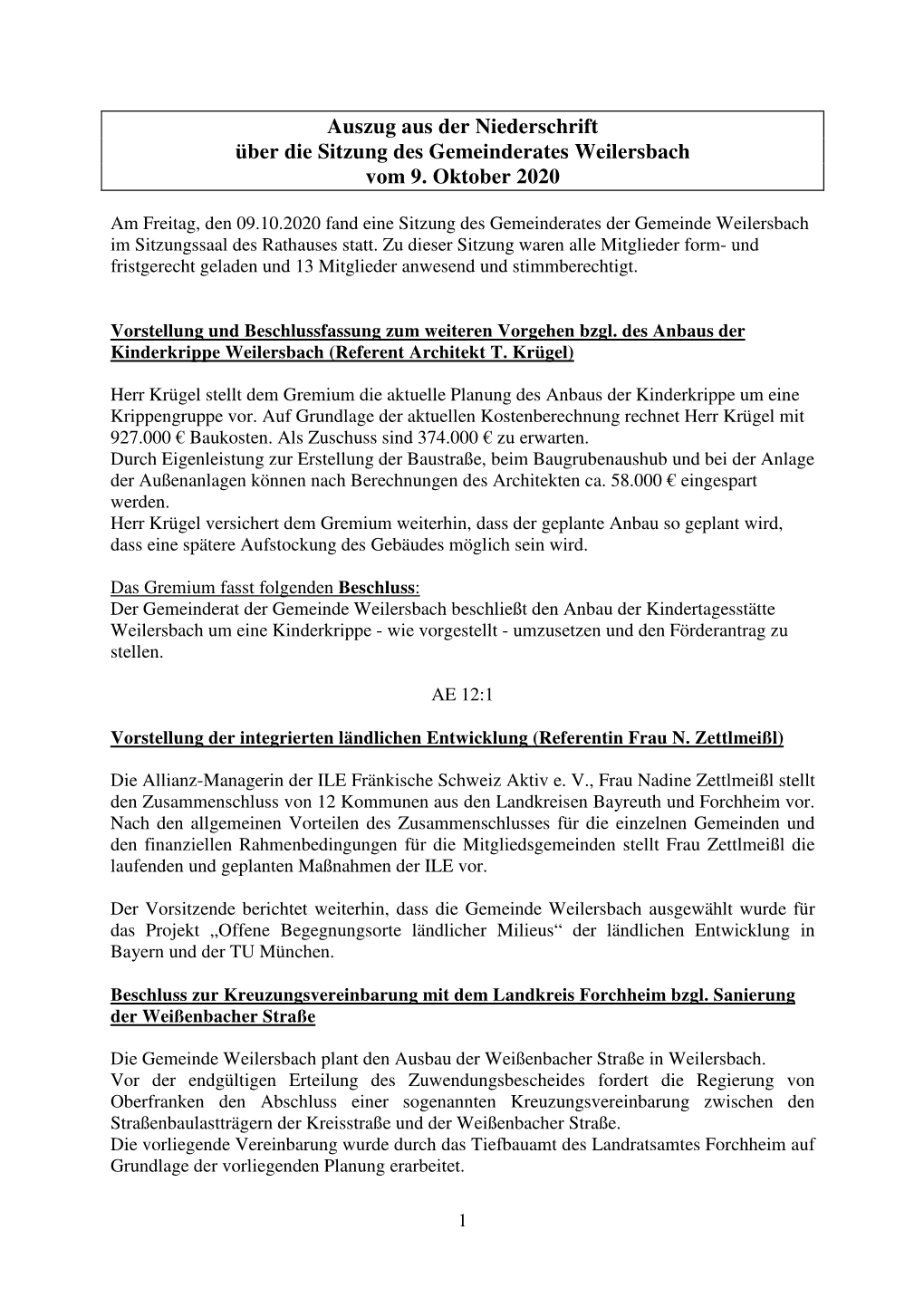 Auszug Öffentliche Sitzung Weilersbach Vom 9.10.2020