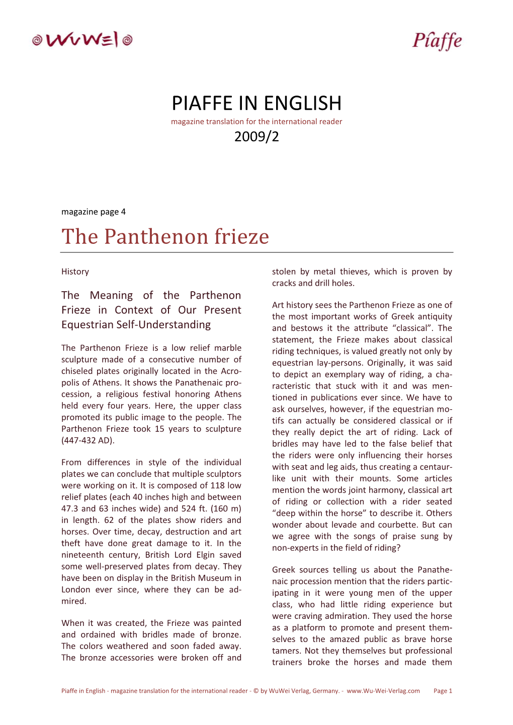 PIAFFE in ENGLISH the Panthenon Frieze