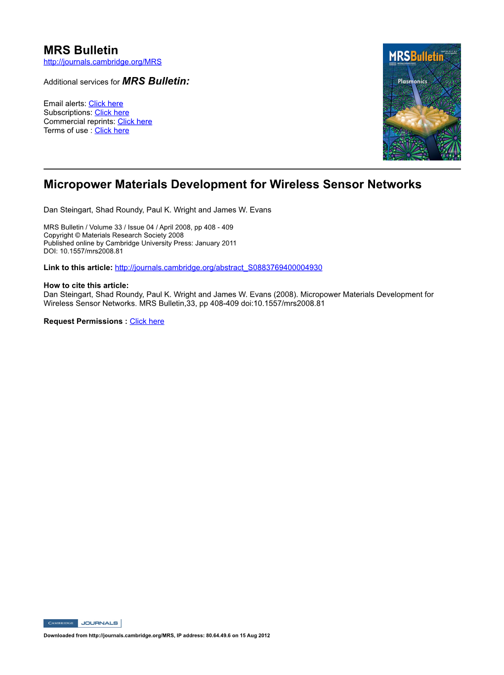 MRS Bulletin Micropower Materials Development for Wireless