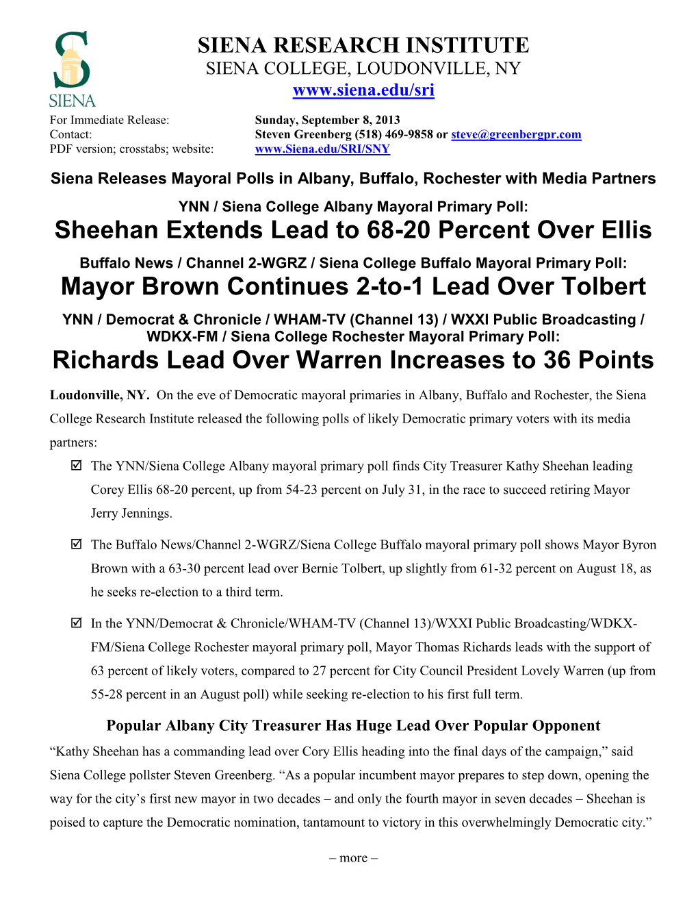 Sheehan Extends Lead to 68-20 Percent Over Ellis Mayor Brown Continues 2-To-1 Lead Over Tolbert Richards Lead Over Warren Increa