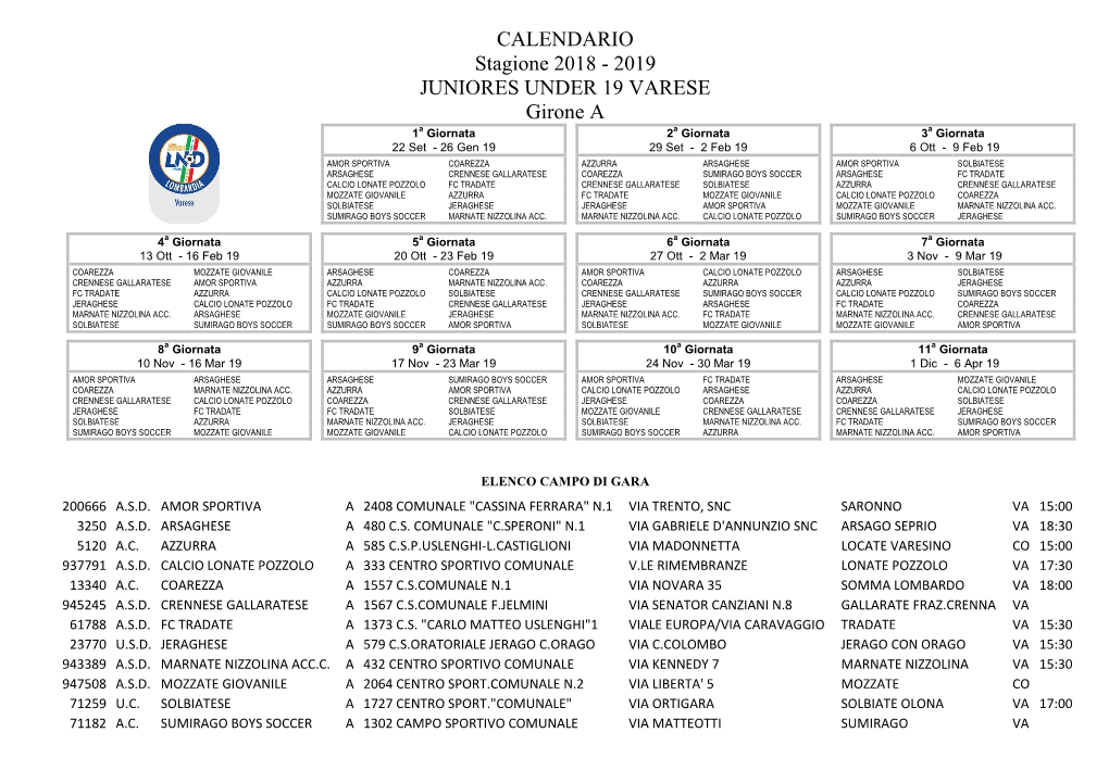 CALENDARIO Stagione 2018