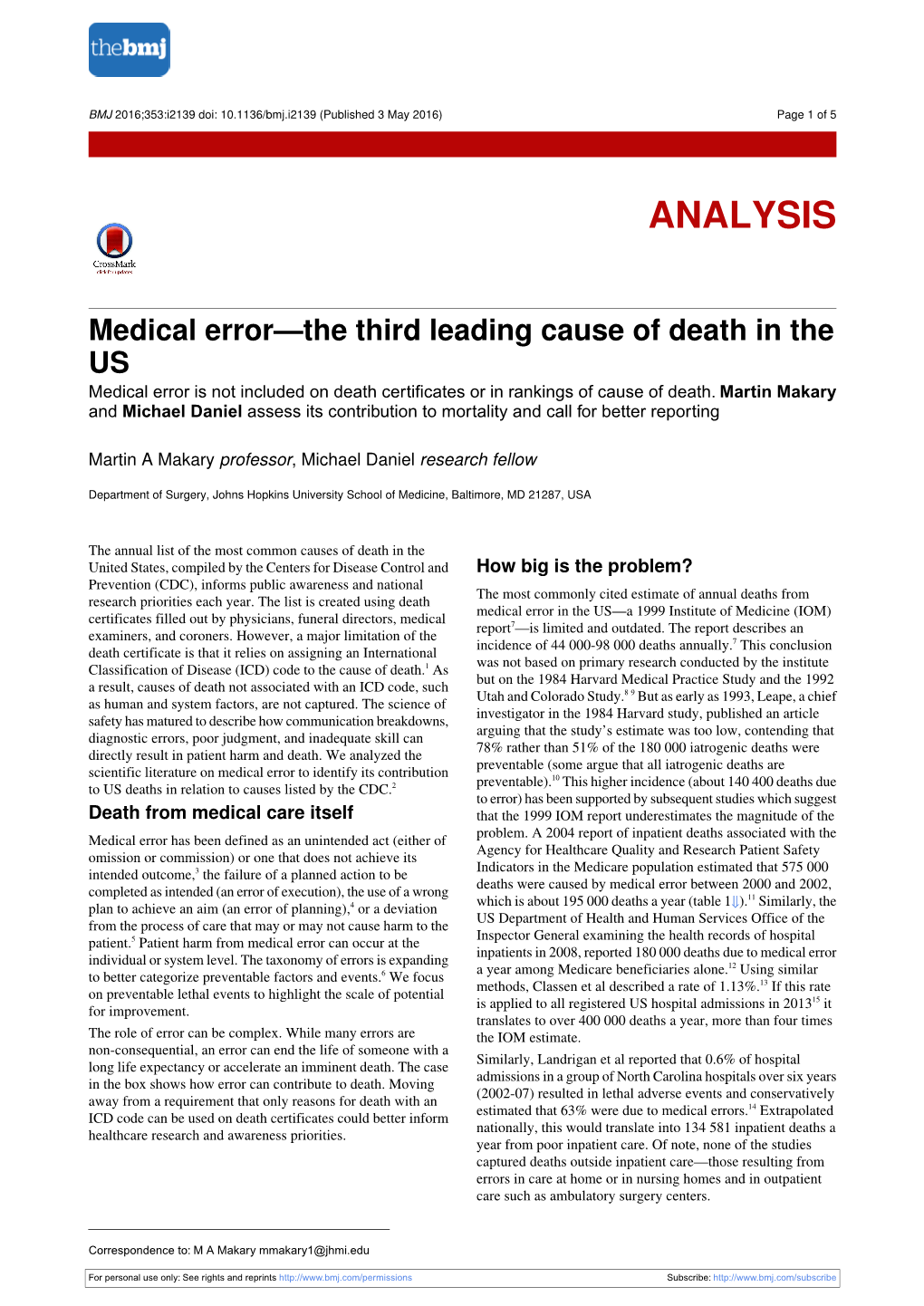 Medical Error—The Third Leading Cause of Death in the US Medical Error Is Not Included on Death Certificates Or in Rankings of Cause of Death