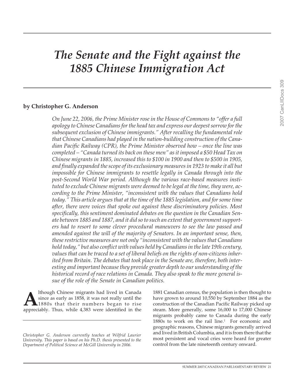 The Senate and the Fight Against the 1885 Chinese Immigration Act