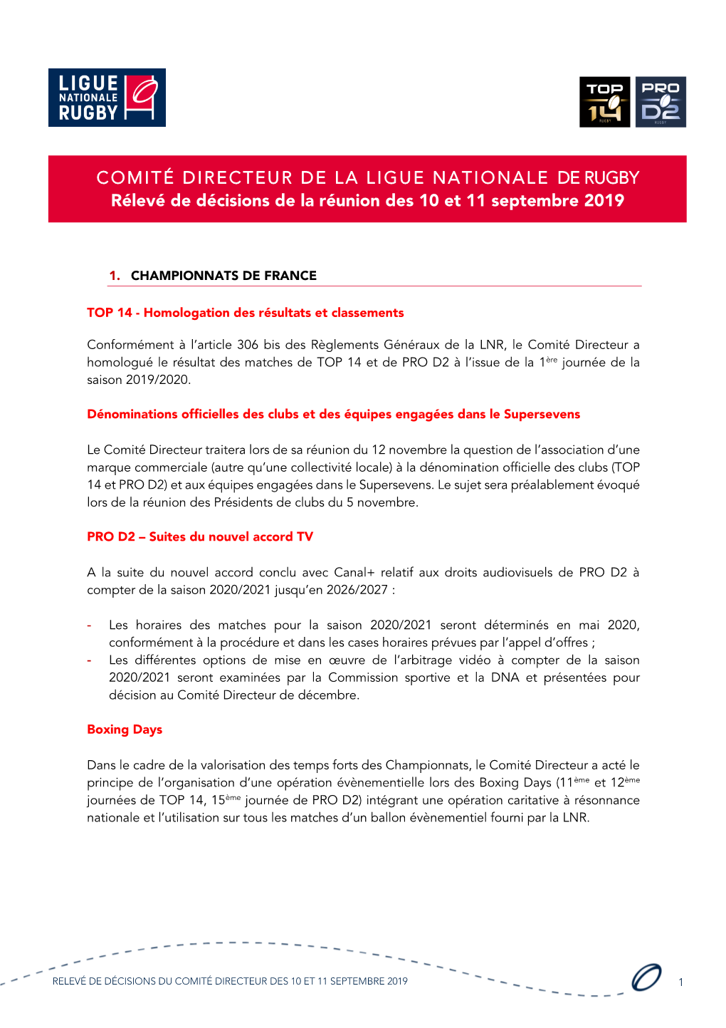 COMITÉ DIRECTEUR DE LA LIGUE NATIONALE DE RUGBY Rélevé De Décisions De La Réunion Des 10 Et 11 Septembre 2019