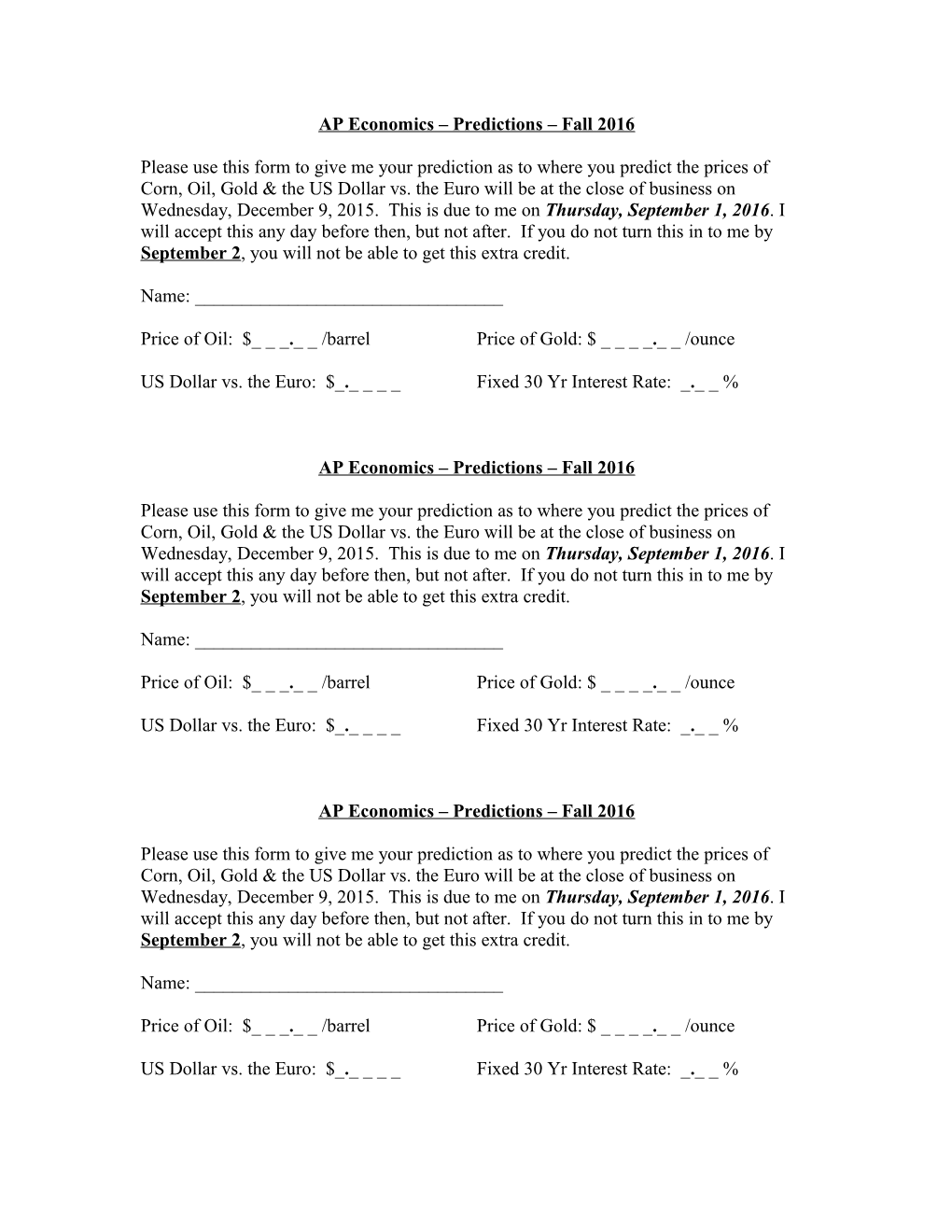 AP Economics Predictions Fall 2016