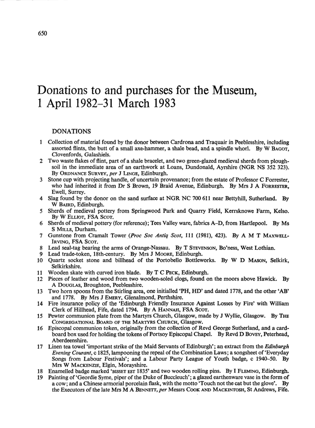 Donations to and Purchases for the Museum, 1 April 1982-31 March 1983