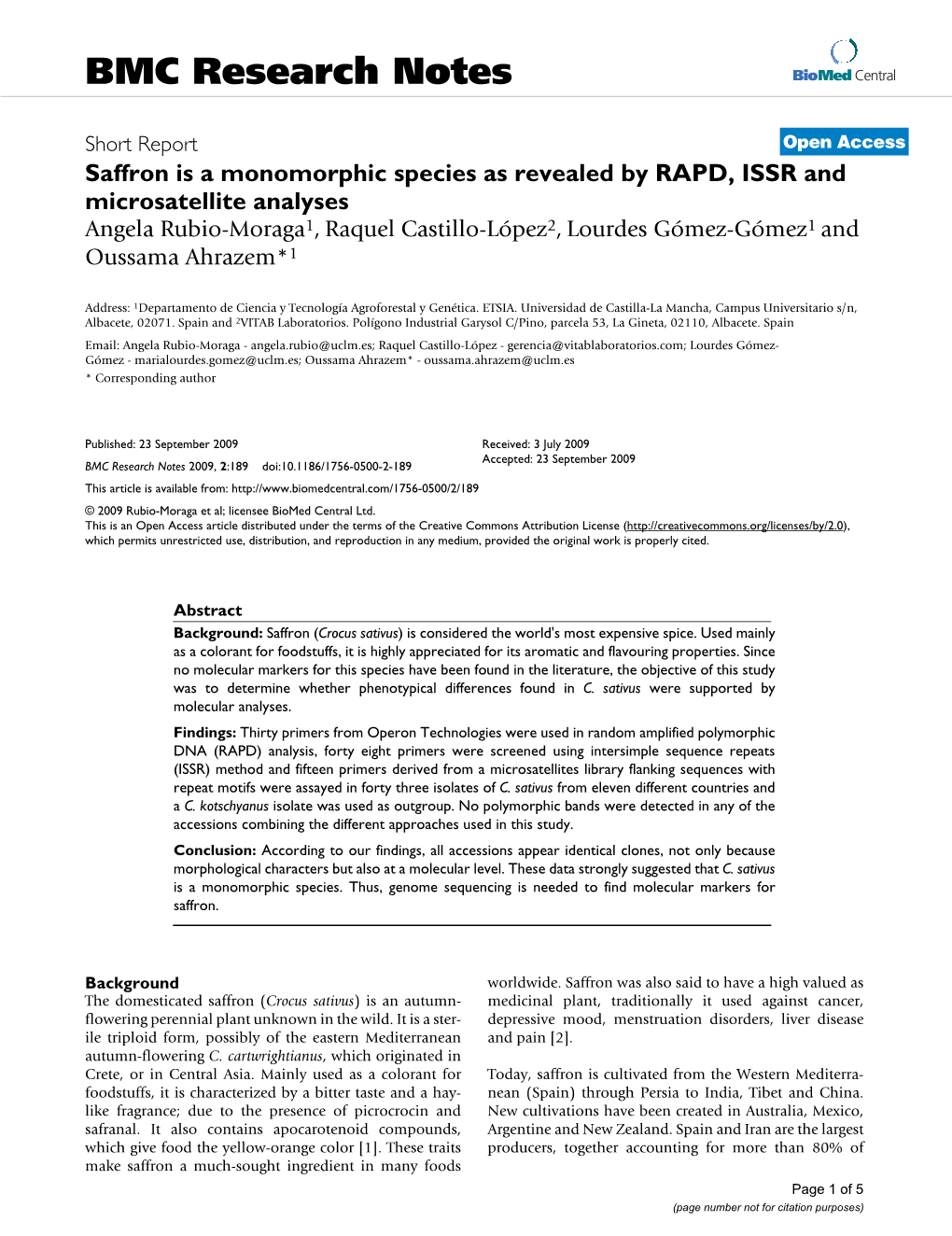 Saffron Is a Monomorphic Species As Revealed by RAPD, ISSR And