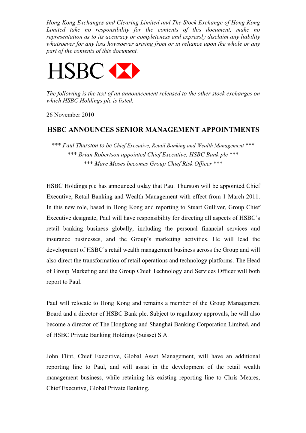 Hsbc Announces Senior Management Appointments