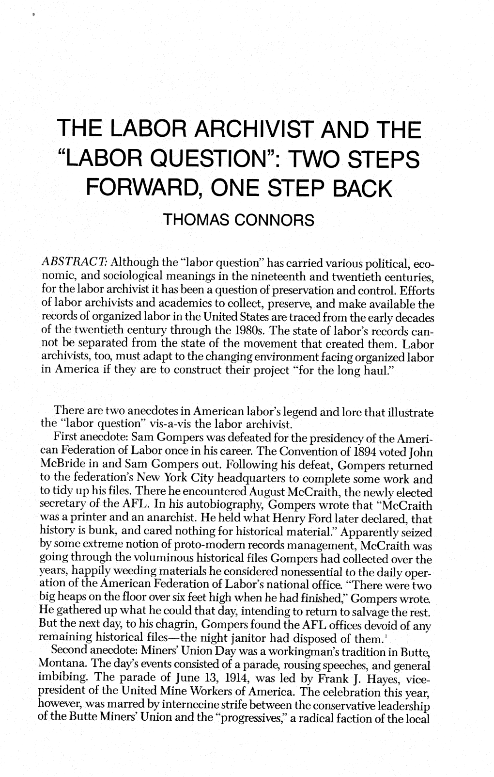 "Labor Question": Two Steps Forward, One Step Back Thomas Connors