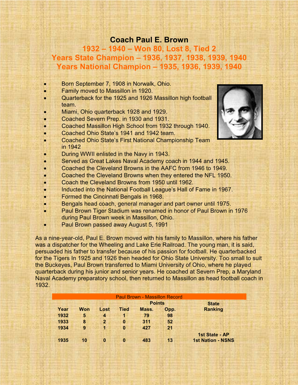 Coach Paul E. Brown 1932 – 1940 – Won 80, Lost 8, Tied 2 Years State Champion – 1936, 1937, 1938, 1939, 1940 Years National Champion – 1935, 1936, 1939, 1940