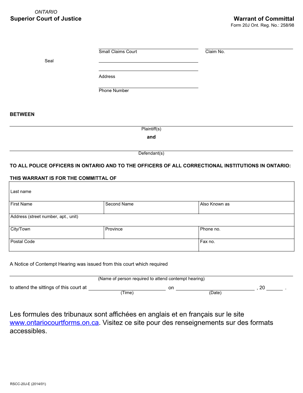 Superior Court of Justice Warrant of Committal Form 20J Ont