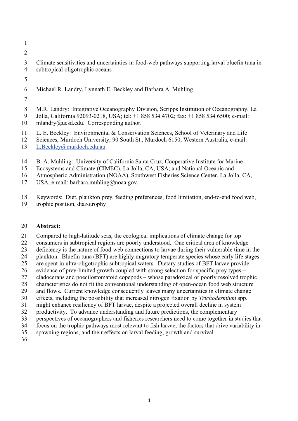 Climate Sensitivities and Uncertainties in Food-Web Pathways Supporting Larval Bluefin Tuna in 4 Subtropical Oligotrophic Oceans 5 6 Michael R