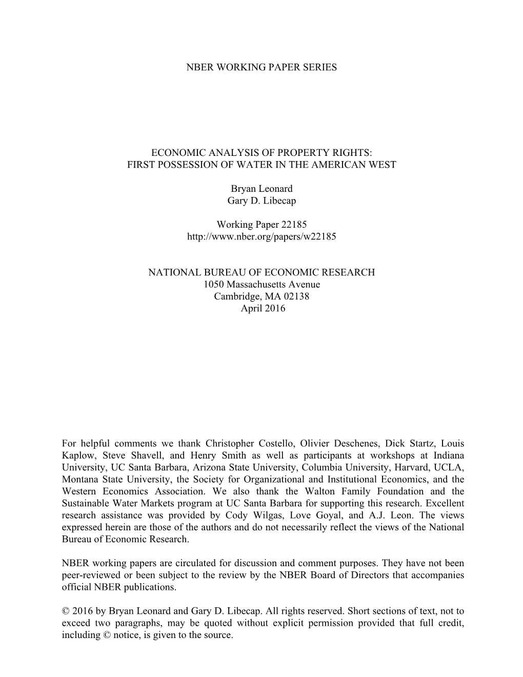 Economic Analysis of Property Rights: First Possession of Water in the American West