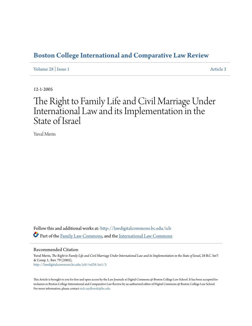 The Right to Family Life and Civil Marriage Under International Law and Its Implementation in the State of Israel Yuval Merin