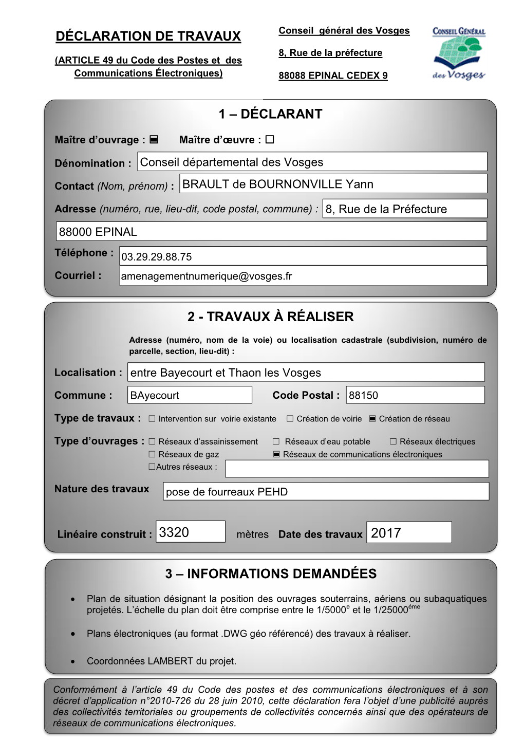 DÉCLARATION DE TRAVAUX Conseil Général Des Vosges