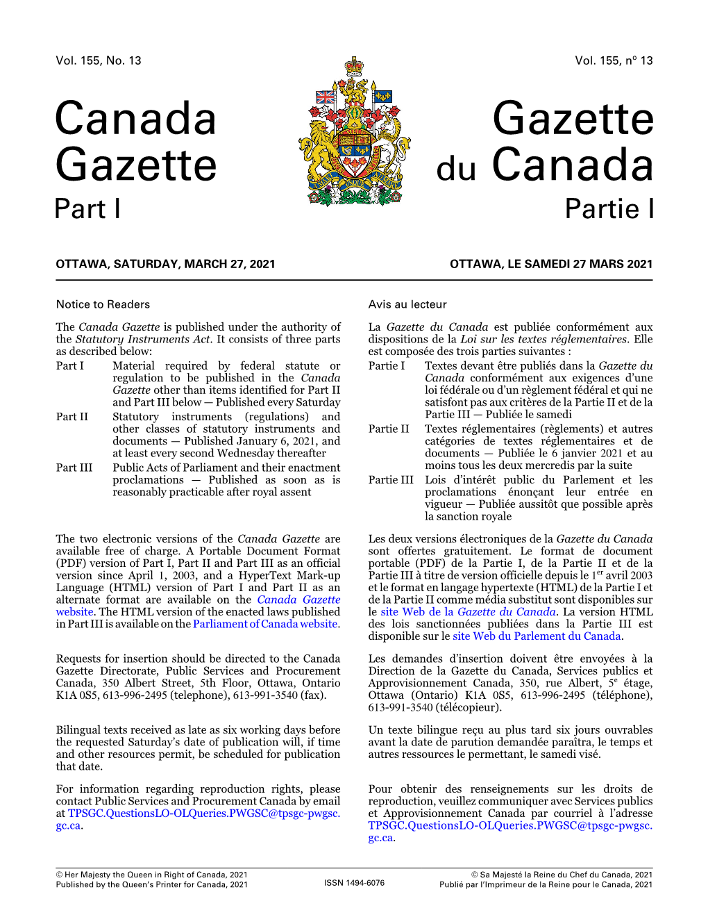 Partie I, Vol. 155, N O 13