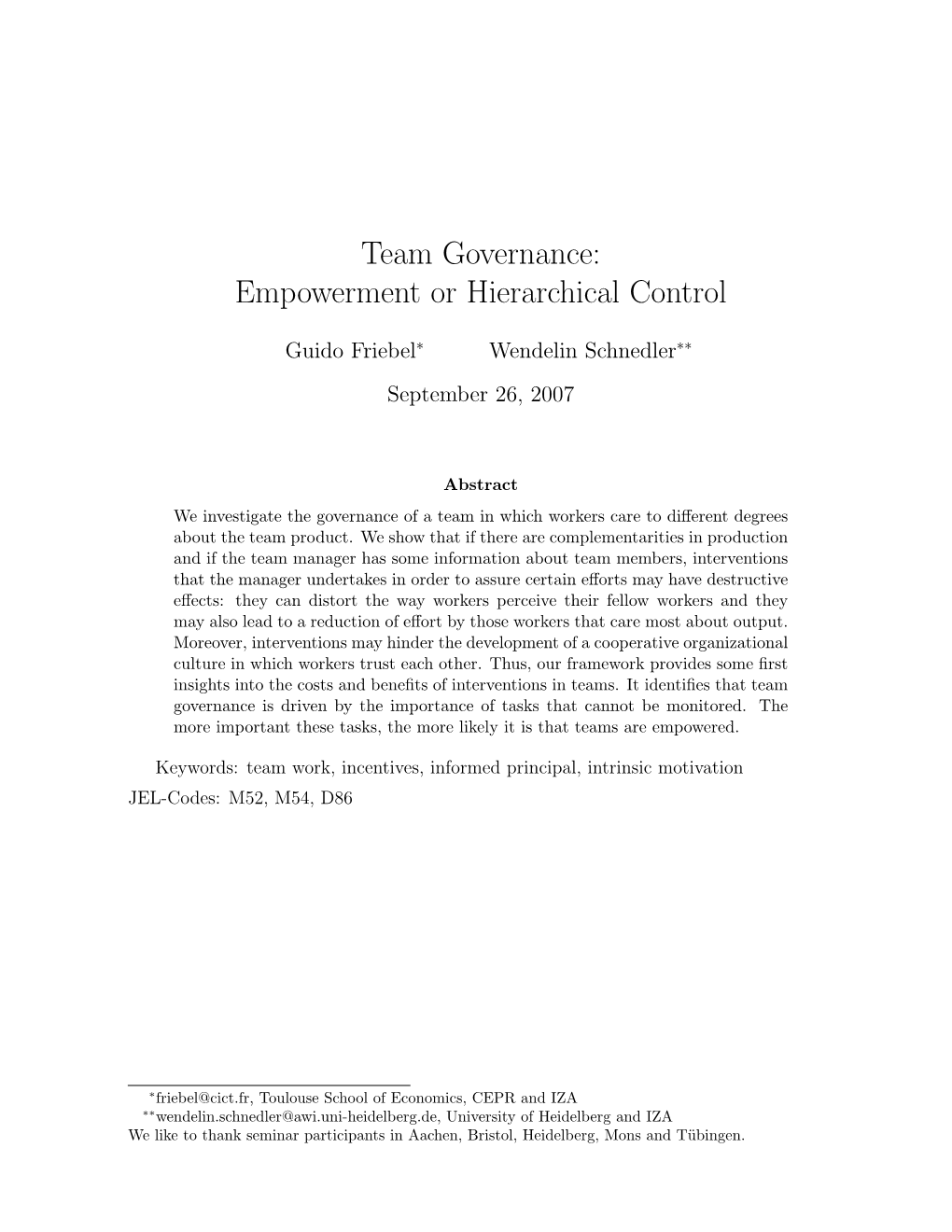 Team Governance: Empowerment Or Hierarchical Control