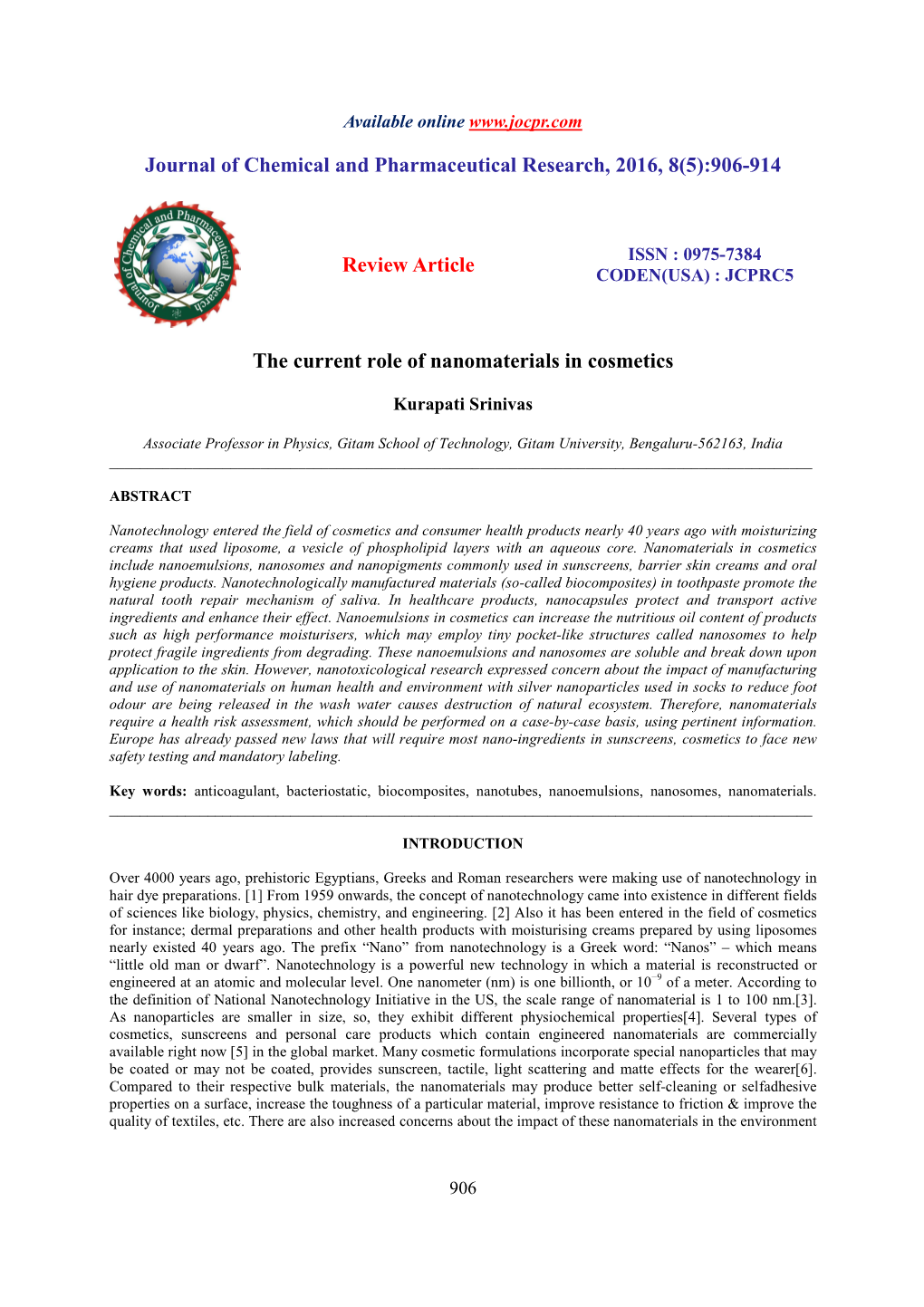 906-914 Review Article the Current Role of Nanomaterials in Cosm