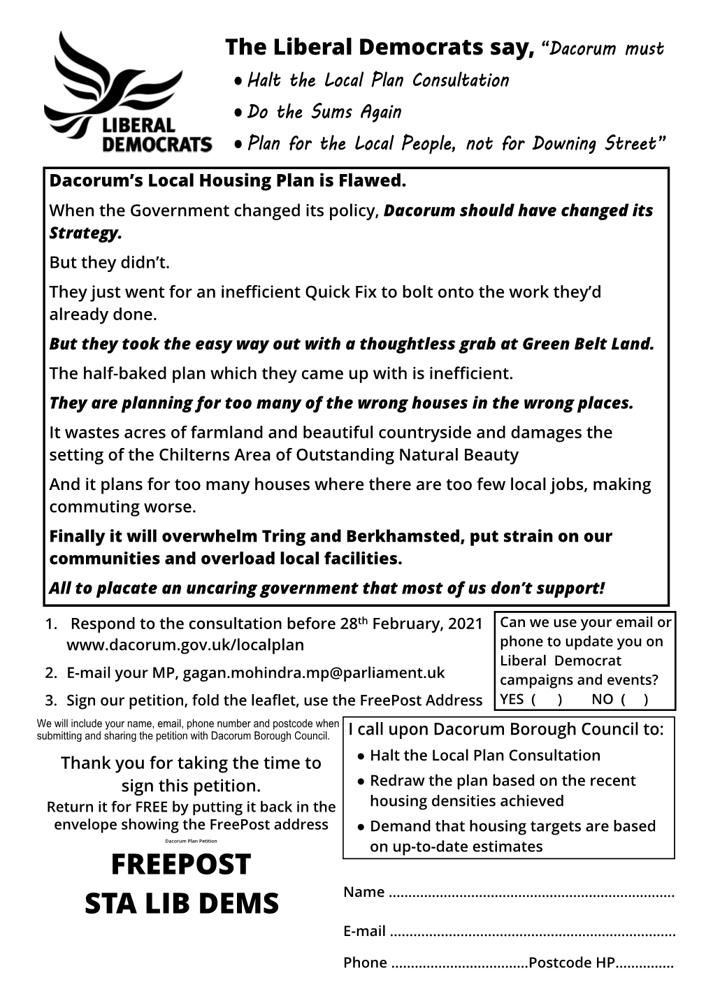Dacorum Local Plan Petition …Have Your Say on the Housing Plans Where You LIVE Dear Resident