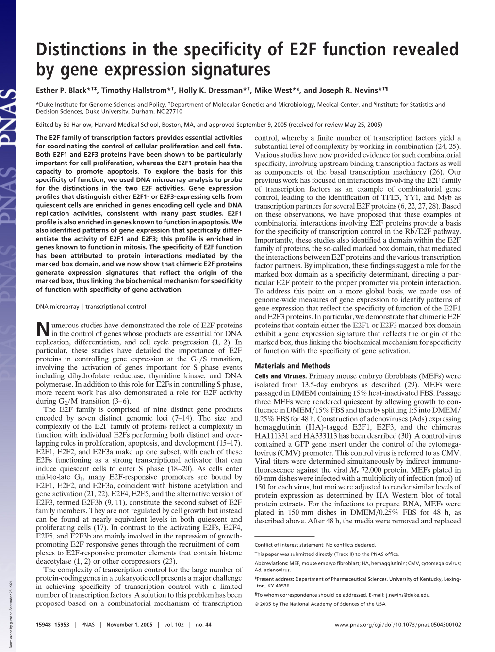 Distinctions in the Specificity of E2F Function Revealed by Gene Expression Signatures