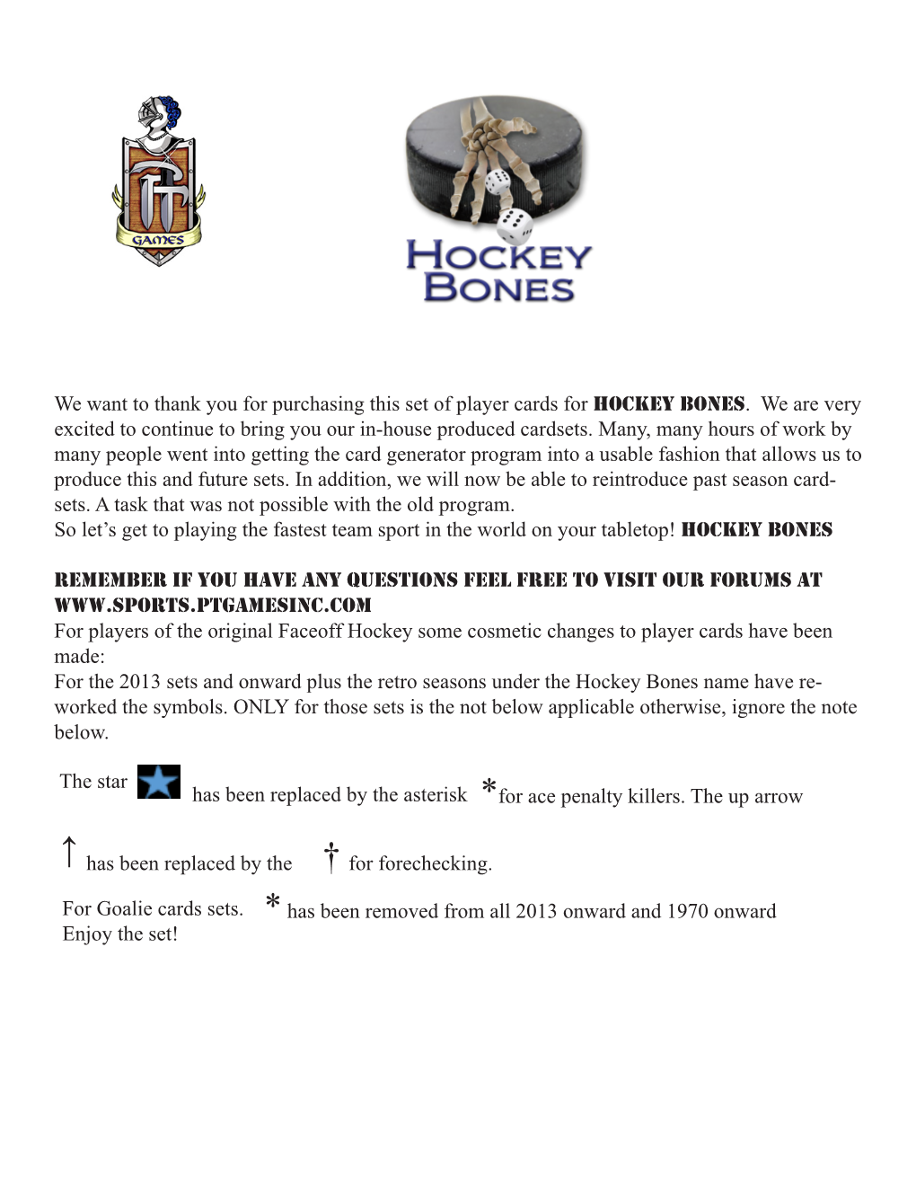We Want to Thank You for Purchasing This Set of Player Cards for Hockey Bones