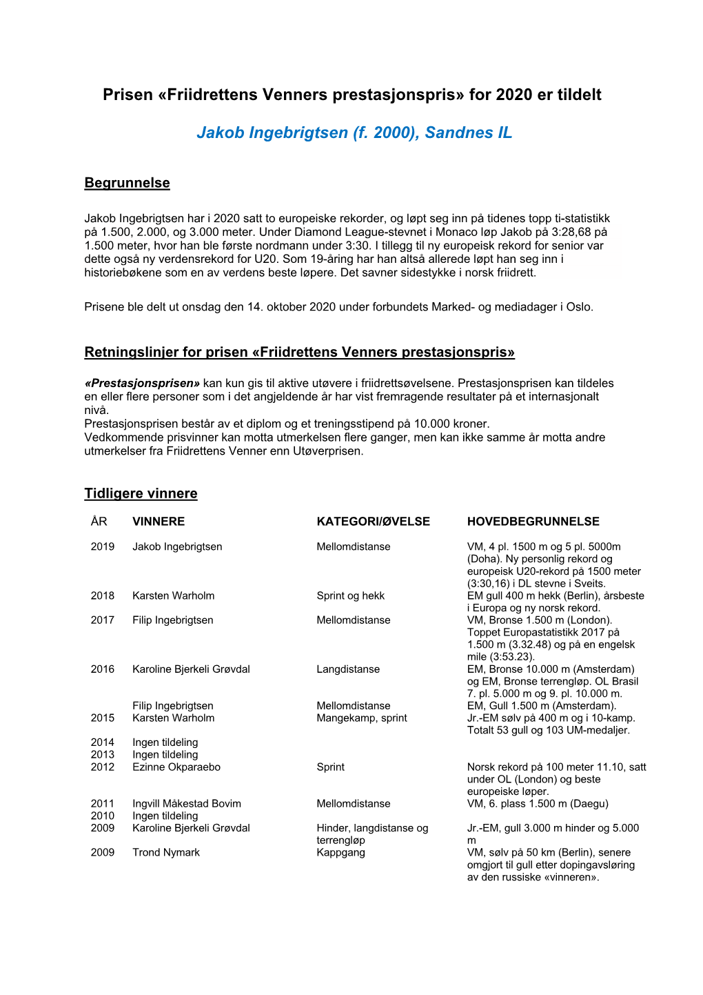 2020 Pressemelding Prisvinnere+Kriterier+Tidligere