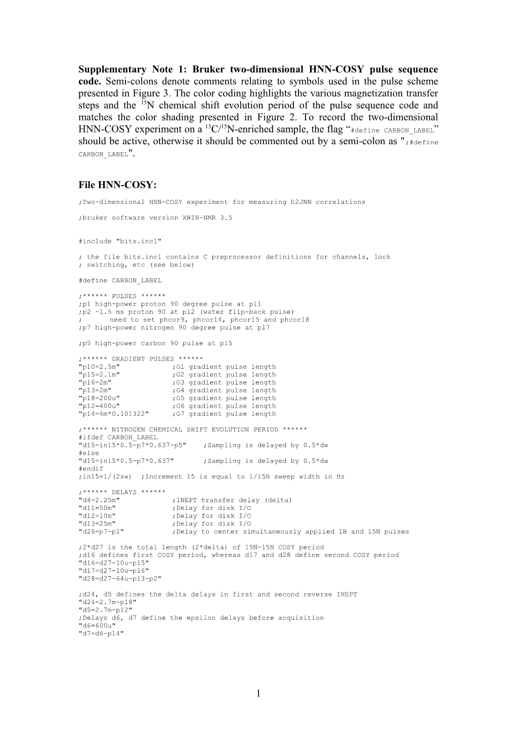 Supplementary Box 1: Bruker HNN-COSY Pulse Sequence Code