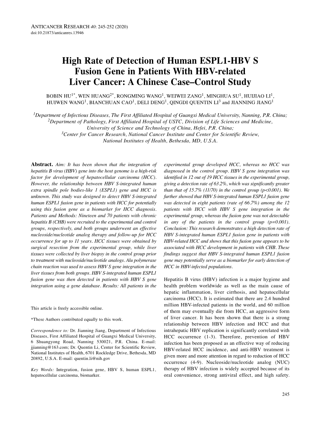 High Rate of Detection of Human ESPL1-HBV S Fusion Gene In