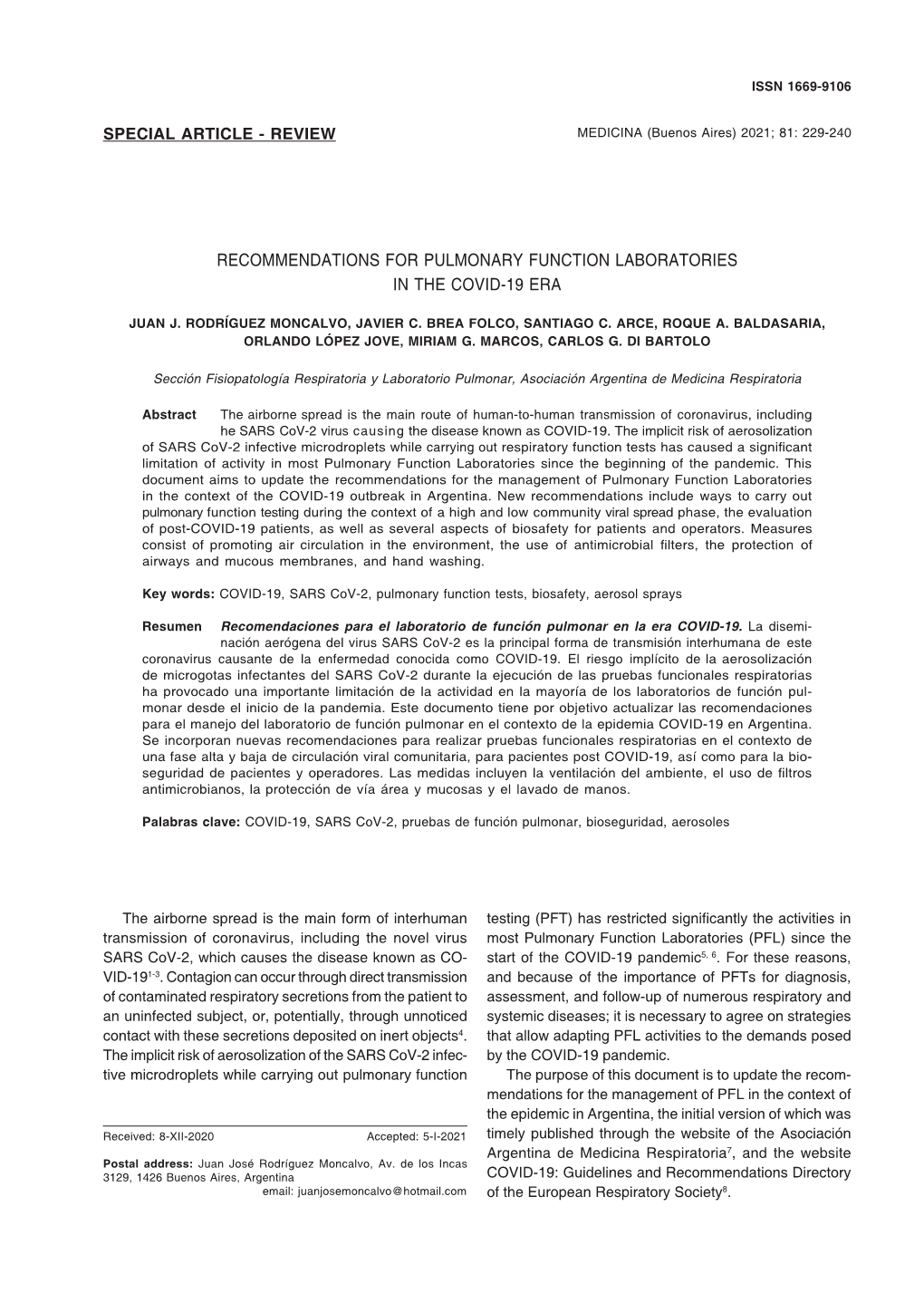 Recommendations for Pulmonary Laboratory in the Covid-19 Era Issn 1669-9106229