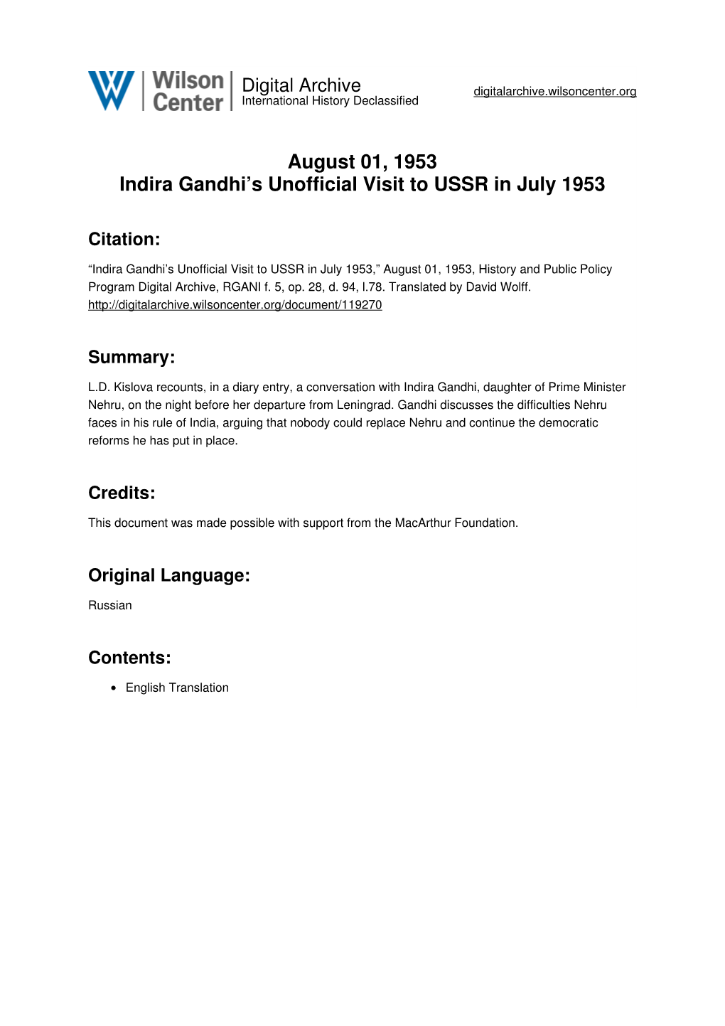 August 01, 1953 Indira Gandhi's Unofficial Visit to USSR in July 1953