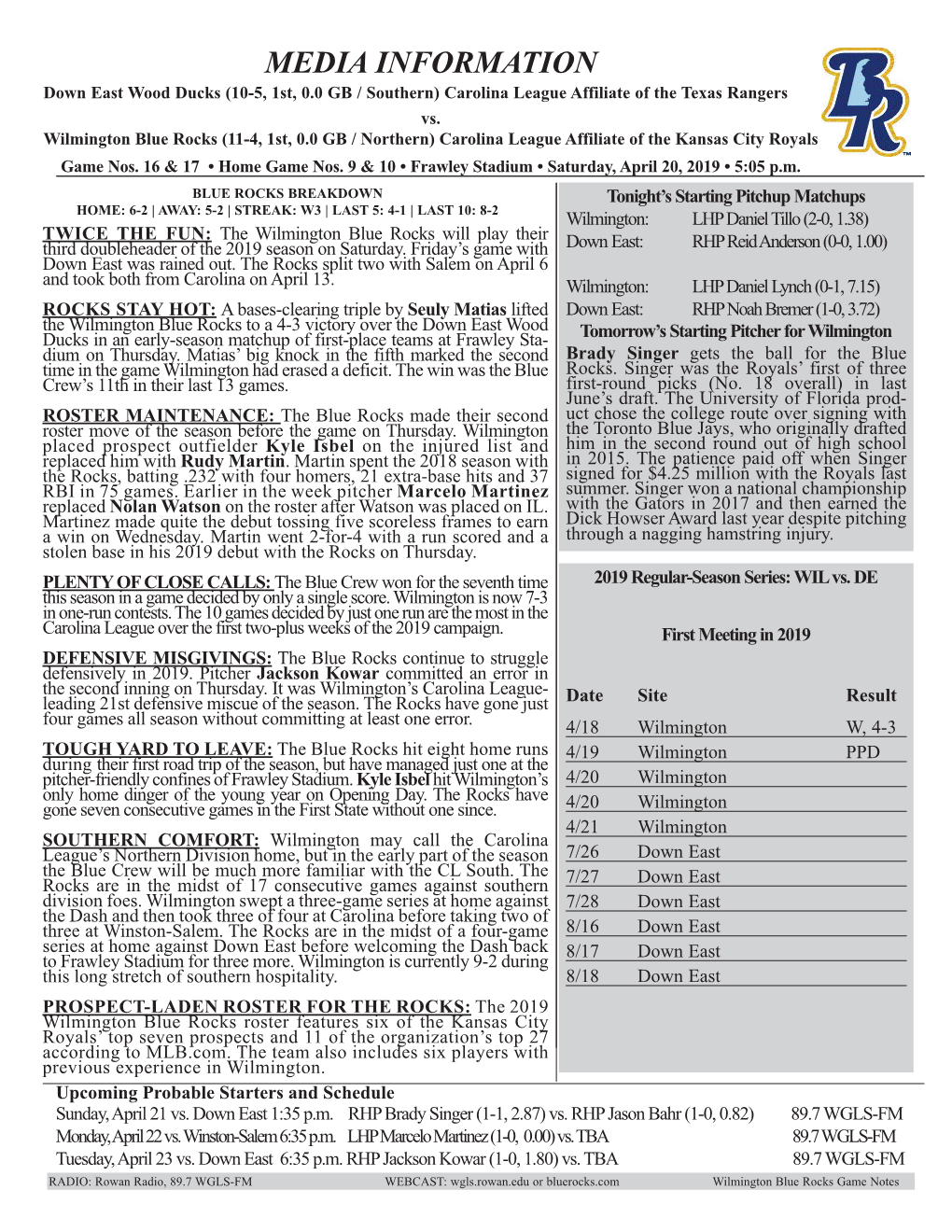 MEDIA INFORMATION Down East Wood Ducks (10-5, 1St, 0.0 GB / Southern) Carolina League Affiliate of the Texas Rangers Vs